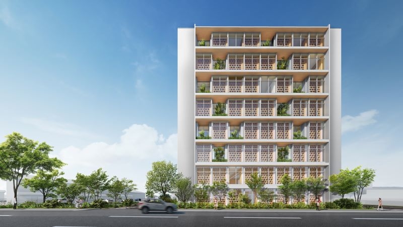 来年4月完工予定の新社屋となる8階建て純木造ビル外観イメージ