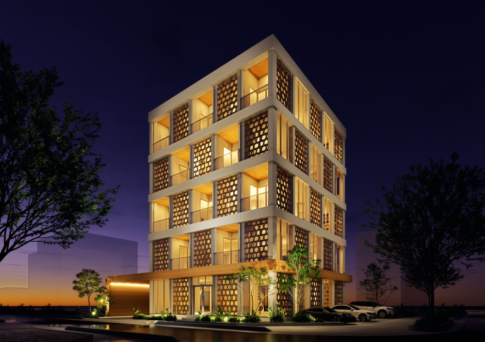 長野県のランドマークとして期待が高まる池田建設の純木造5階建て複合ビル完成予想パース